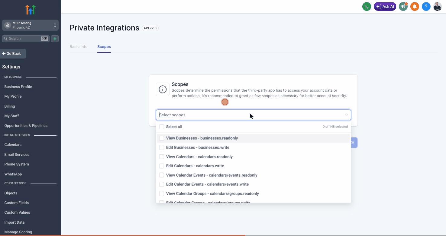 GHL Scopes dropdown open, showing the Select all checkbox at the very top with 0 of 148 selected