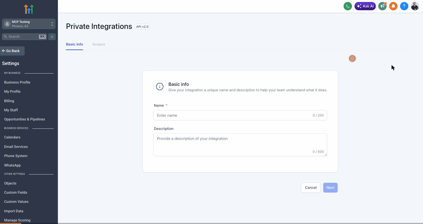 Animated walkthrough of creating a Private Integration in GHL from inside a sub-account: name it, switch to Scopes tab, open the dropdown, click Select all, see 148 of 148 selected